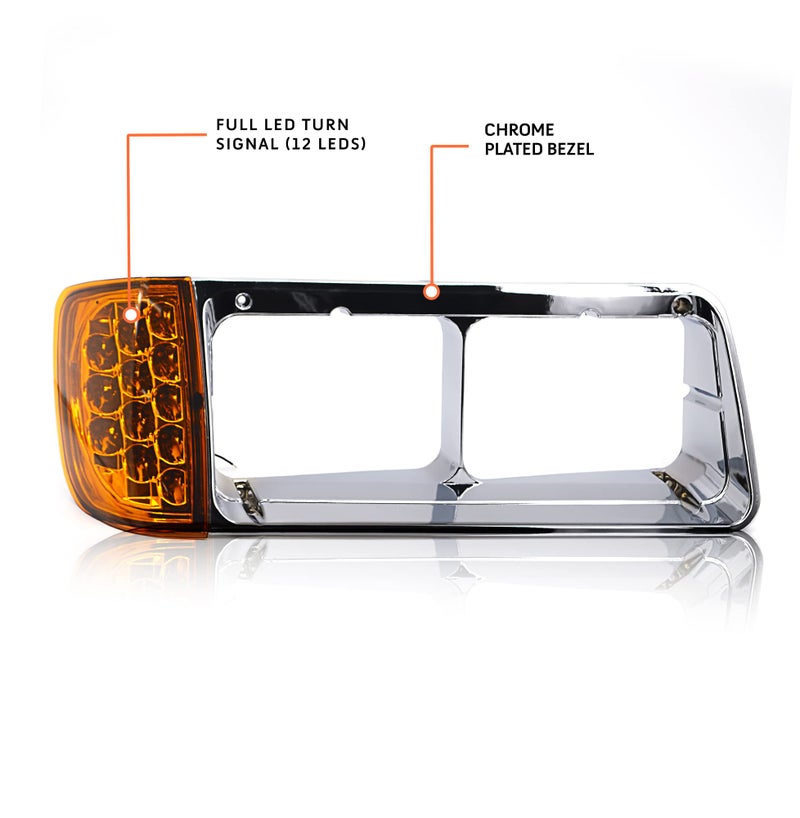 Torque Headlight Bezel PAIR Replacement for 1989-2002 Freightliner FLD semi Trucks with Amber LED Turn Signal Light Assembly DOT SAE Approved Driver Left Passenger Right Side Set 3 Wires (TR039) - Image 3